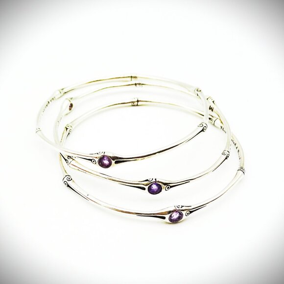 JOHN HARDY Bamboo Collection Sterling Silver & Amethyst Set of Three Bracelets M - Picture 2 of 9